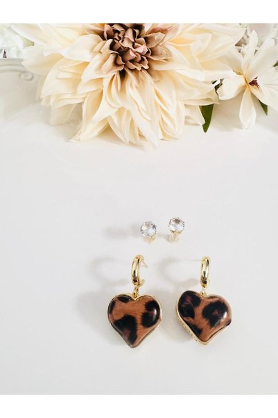 DEVİ fashion Leopard Heart and Single Stone Gold 2-Piece Earring Set 4 cm