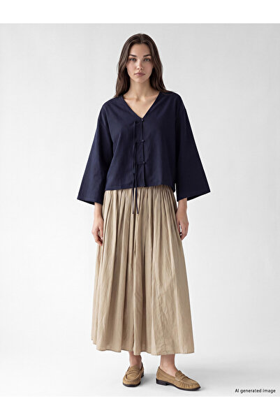 LC Waikiki Lcw Modest Green Pleated Skirt with Zipper at the Waist
