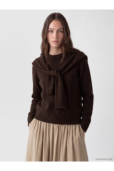 LC Waikiki Lcw Modest Brown Tie-Detail Crew Neck Women's Knitwear Sweater