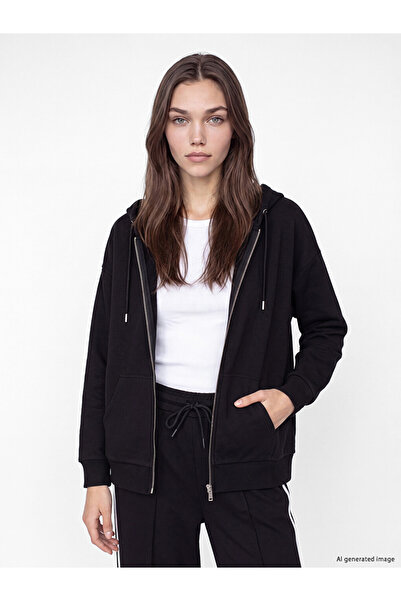 LC Waikiki Lcw Modest Black Hooded Oversize Women's Thick Zippered Sweatshirt