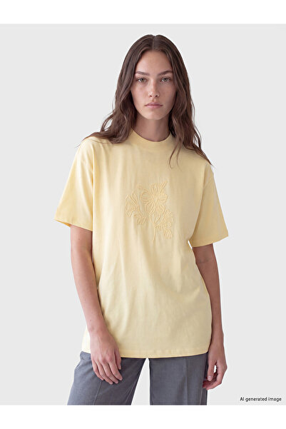 LC Waikiki Lcw Modest Yellow Crew Neck Embroidered 100% Cotton Women's T-Shirt