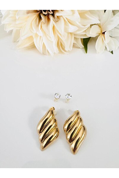 DEVİ fashion Steel Wavy and Single Stone Gold 2-Piece Earring Set 4 cm