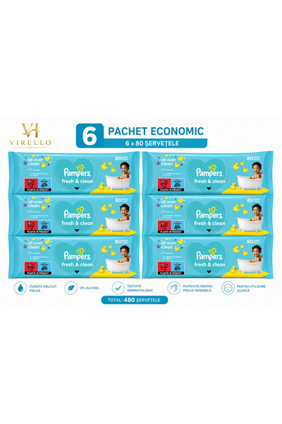 Pampers Set 6 Pachete Șervețele Umede Fresh & Clean, 80 buc/pachet, 480 Șerve...