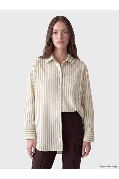 LC Waikiki Lcw Modest Ecru Striped Poplin Women's Shirt Tunic