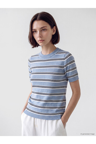 LC Waikiki Lcw Modest Blue Crew Neck Striped Women's Knitwear Sweater