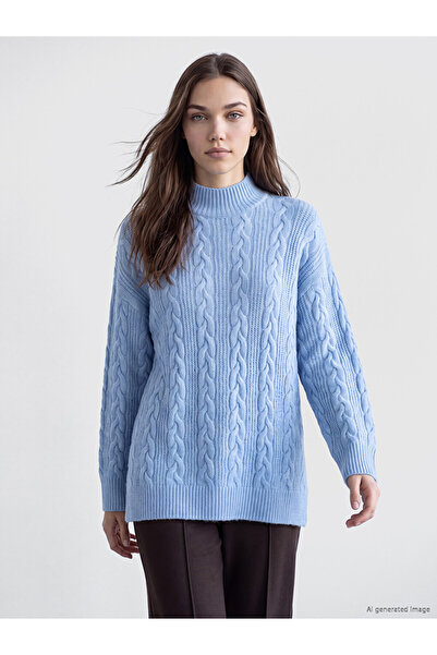 LC Waikiki Lcw Modest Blue High Collar Patterned Women's Knitwear Tunic