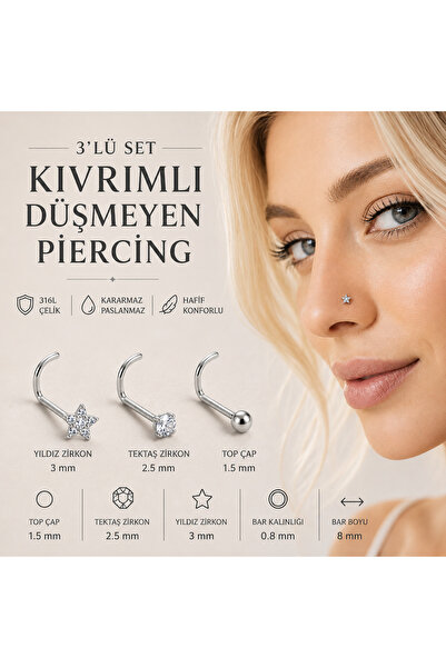 Heppii 3 adet Kıvrımlı Düşmeyen Hızma Seti 1.5mm Top 2.5mm Tektaş 3mm Yıldız ...