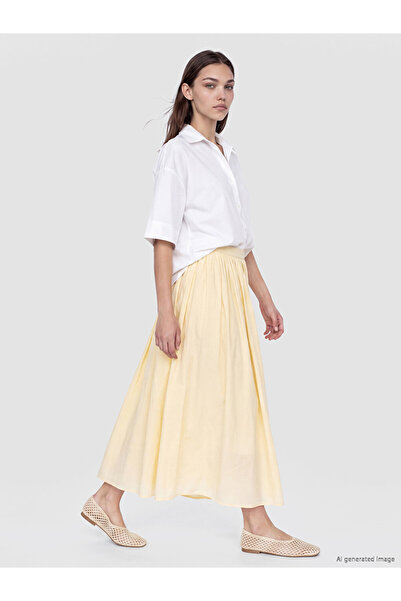 LC Waikiki Lcw Modest Yellow Pleated Skirt with Zipper at the Waist