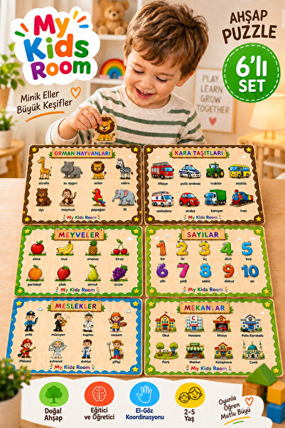 My Kids Room 6’lı Ahşap Eğitici Puzzle Seti 2-5 Yaş Bul Tak Yapboz Hayvanlar ...