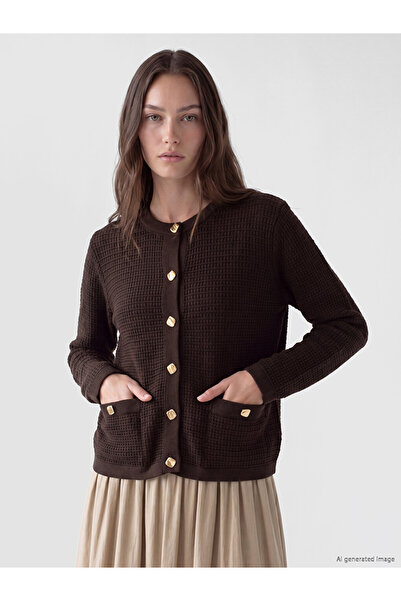LC Waikiki Lcw Modest Brown Crew Neck Women's Knitwear Cardigan
