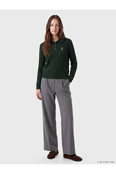 LC Waikiki Lcw Modest Green Polo Collar Patterned Women's Knitwear Sweater