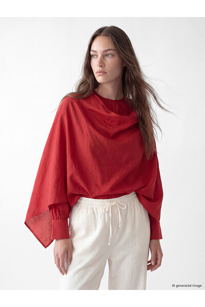 LC Waikiki Lcw Modest Red Draped Collar Gathered Blouse