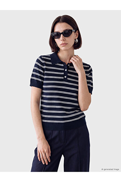 LC Waikiki Lcw Modest Navy Blue Polo Collar Striped Women's Knitwear Sweater