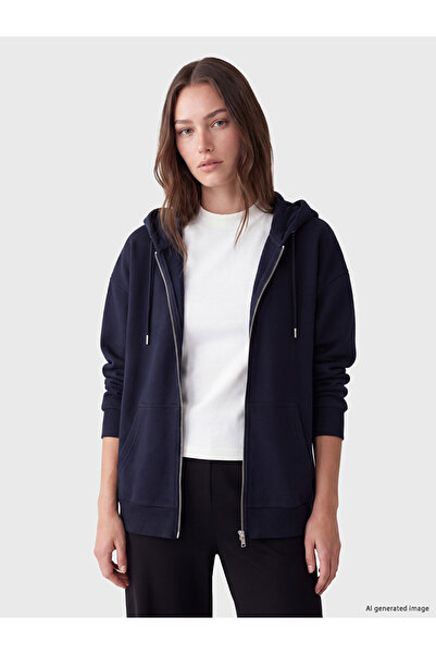 LC Waikiki Lcw Modest Navy Blue Hooded Oversize Women's Thick Zippered Sweats...