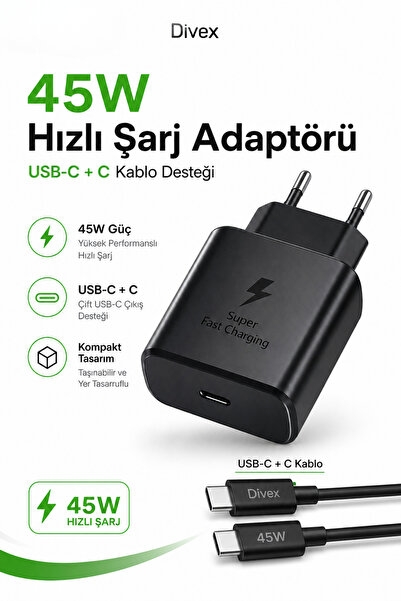 Divex 45W Hızlı Şarj Adaptörü USB-C Çıkışlı Type-C to Type-C Kablolu Şarj Seti