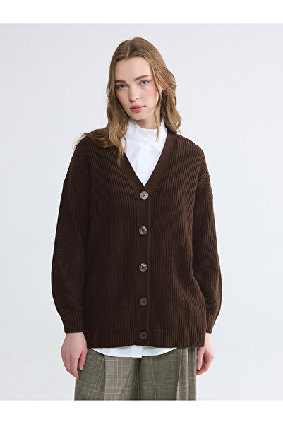 LC Waikiki Lcw Modest Brown V-Neck Women's Knitwear Cardigan