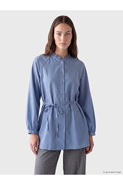 LC Waikiki Lcw Modest Blue High Neck Belted Waist Striped Women's Shirt Tunic