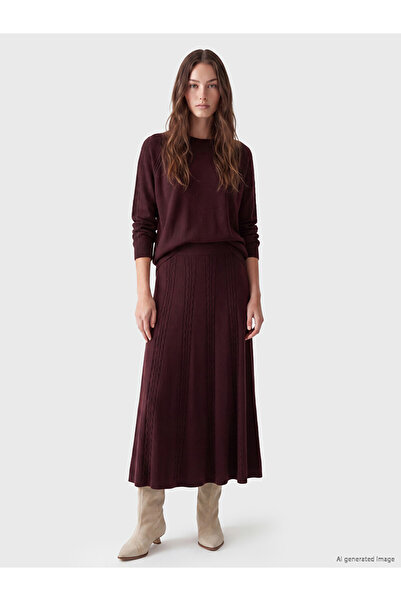 LC Waikiki Lcw Modest Burgundy Elastic Waist Hair Braid Patterned Knitwear Skirt