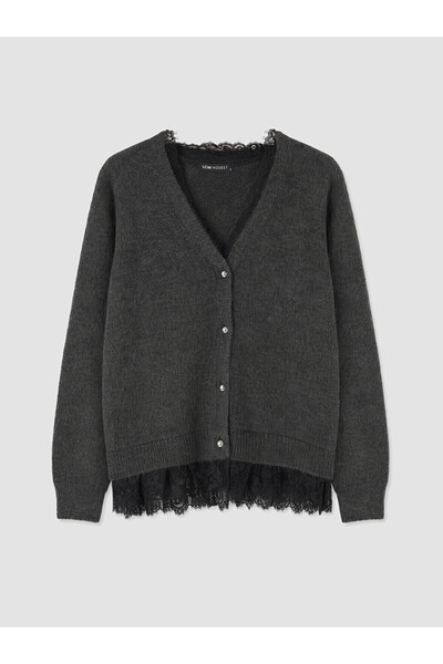 LC Waikiki Lcw Modest Anthracite Lace Detailed Women's Knitwear Cardigan