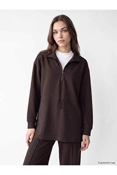 LC Waikiki Lcw modest brown Mock Neck Oversized women's sweatshirt tunic