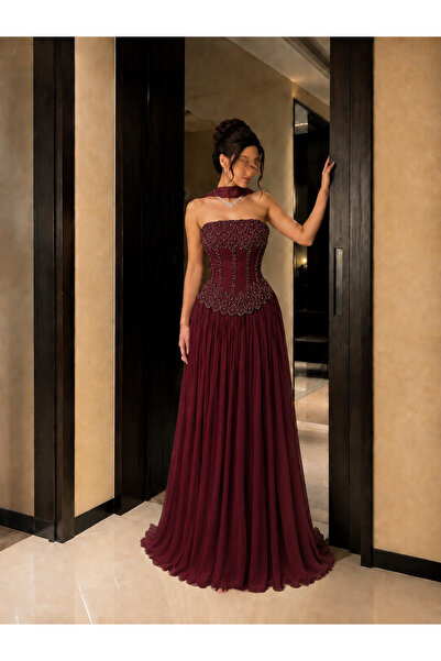 jory-fashion فستان سهرة أنيق باللون البرغندي،