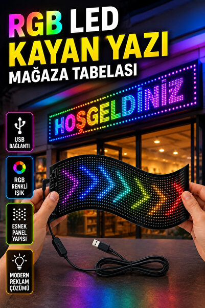 canrodi USB RGB LED Kayan Yazı Mağaza Tabelası Renkli Işıklı Reklam Paneli