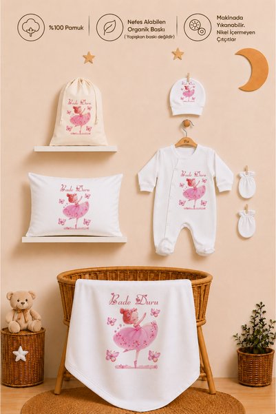 Pia Baby İsme Özel Kız Bebek %100 Pamuk Hastane Çıkışı Tulum Şapka Eldiven Kı...