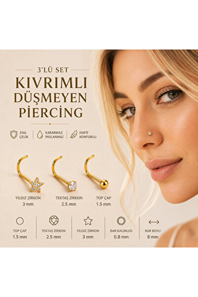 Heppii 3 adet Kıvrımlı Düşmeyen Hızma Seti 1.5mm Top 2.5mm Tektaş 3mm Yıldız ...