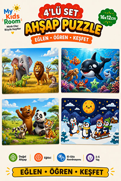 My Kids Room 4'lü Ahşap Puzzle Seti Eğitici Öğretici Bul Tak Yapboz Çocuk Oyu...