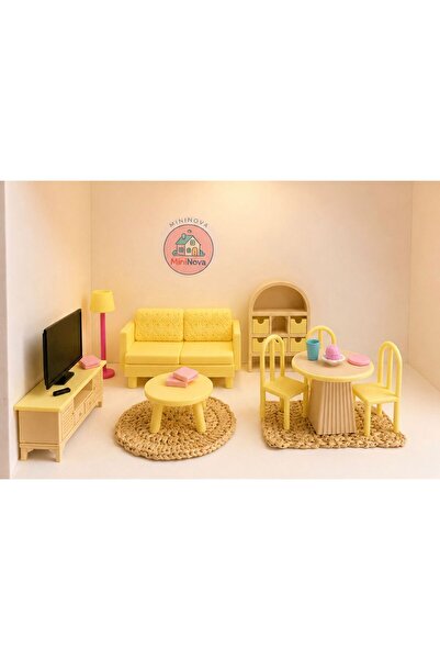 MİNİNOVASTUDİO MiniNova Mini Salon ve Yemek Odası Mobilya Seti Oyuncak Ev Aks...