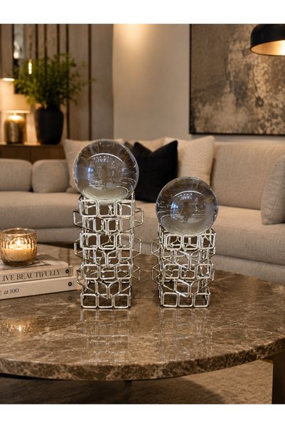 Hinora Home 2’li Kristal Küre Dekoratif Obje Seti – Metal Ayaklı Modern Salon...