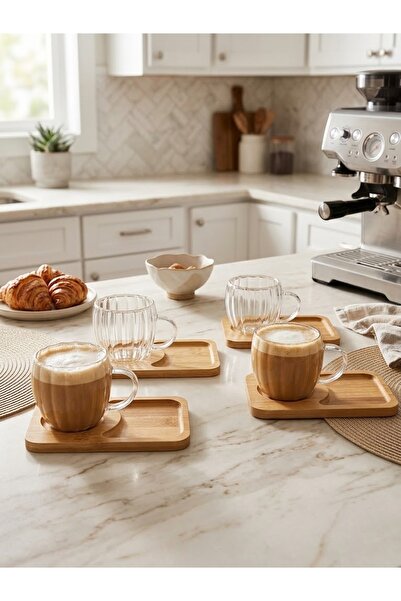 4 kişilik 8 Parça Çift cidarlı bardak ve bambu tabaklı espresso çay kahve fincan takımı