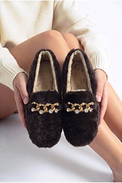 StWenn Women's Plush Home Ballerinas with Gold Chain and Stone Accessories, C...