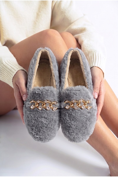 StWenn Women's Plush Home Ballerinas with Gold Chain and Stone Accessories, C...