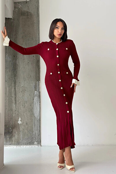 Lusin Women's Burgundy Buttoned Crew Neck White Sleeve Detailed Ribbed Knit D...