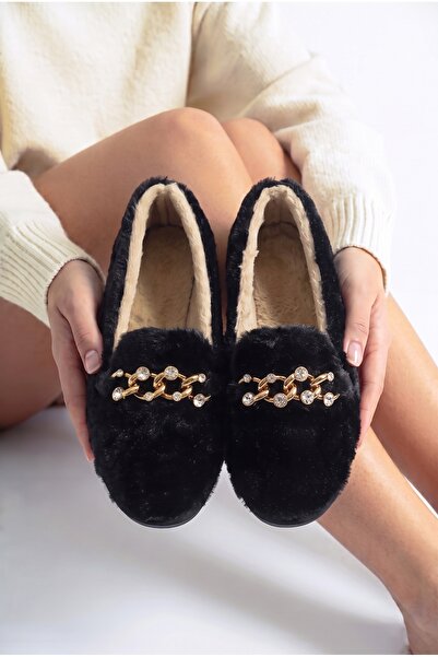 StWenn Women's Plush Home Ballerinas with Gold Chain and Stone Accessories, C...