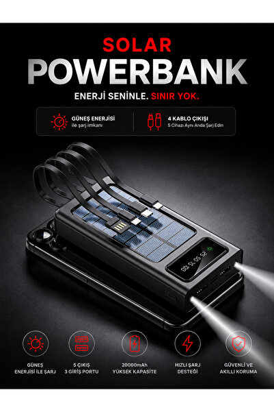 Moxti Solar Powerbank 20.000 mAh – Güneş Enerjili, Dahili 4 Kablolu, LED Fene...