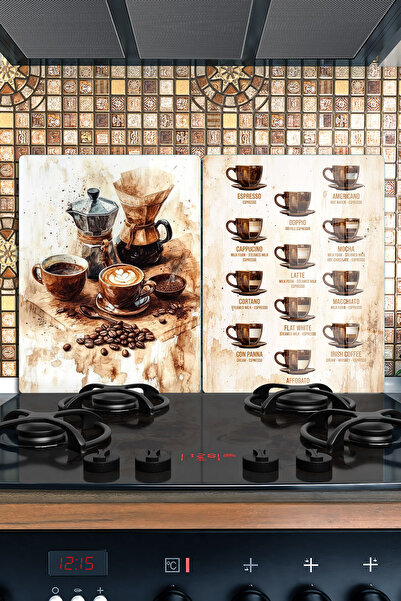 Ocak Arkası Cam Koruyucu – Kahve Çeşitleri Görselli Isıya Dayanıklı Dekoratif Cam Panel 40 x 30 cm * 2 adet