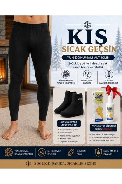 Fitwarm Erkek Örgü Yün Termal Alt İçlik + Isı Su Geçirmez Mest Çorap (43-44)-Ayak Koku Giderici Hediye