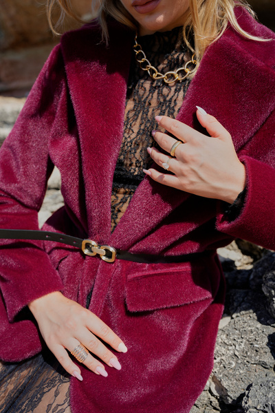 ASEDE Fox Fur Lined Double-Breasted Collar Jacket with Gold Belt