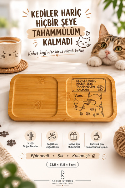PakerStudio Special for Cat Lovers: 2-Compartment Laser-Engraved Bamboo Coffee Presentation Tray