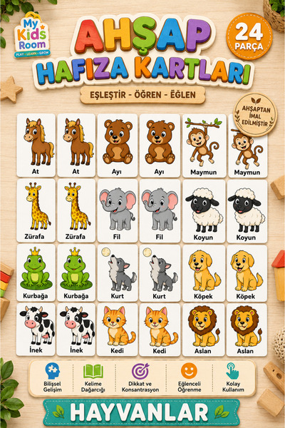 My Kids Room 24 Parça Ahşap Hafıza Kartları Eşleştirme Oyunu Eğitici Öğretici...