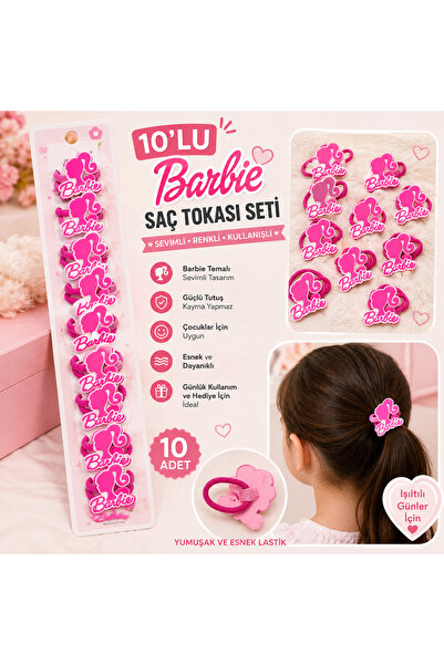 Barbie 10’lu Temalı Çocuk Saç Tokası Seti – Pembe Figürlü Lastik Toka 🎀💗