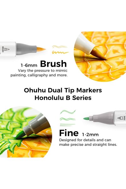 Ohuhu Set Honolulu² B, 48 de markere, bază alcoolică, vârfuri duble (pensulă și fin), multicolor