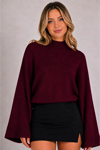 MetuCA Women's Burgundy Cotton Spanish Bat Sleeve High Neck Knitwear Sweater