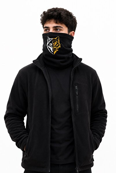 ARTHUR Siyah Termal Polar Kurt Nakış İşlemeli Boyunluk Unisex Pamuklu Kışlık Ayarlanabilir İpli Bere
