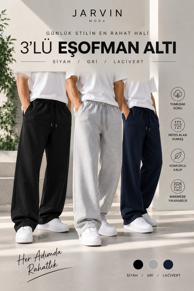 JARVİN 3 Pieces Premium Comfort Seasonal Men's Sweatpants (Black+Grey+Navy Blue)