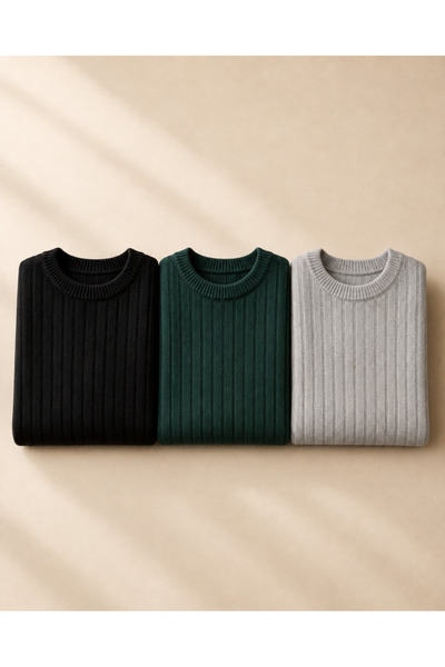 OTAKU 3-Piece Men's Crew Neck Ribbed Casual Knitwear Sweater Set