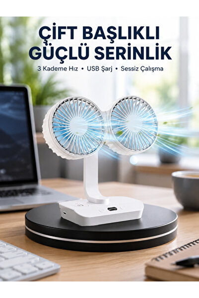 Lutesya Sessiz Çalışan USB Şarjlı Çift Kafalı Masaüstü Fan – Ev ve Ofis İçin