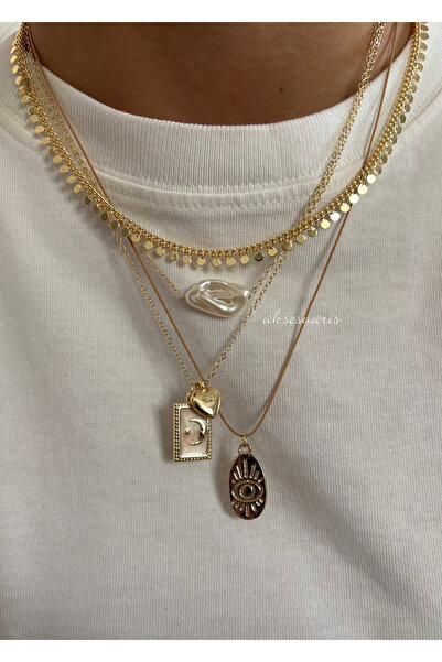 aksesuaris 4 Piece Necklace Pearl Sequin Chain Heart Charm Gold Women's Neckl...